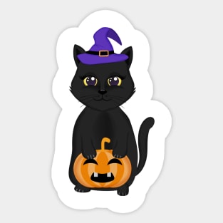 cute black cat and pumpkin halloween Sticker